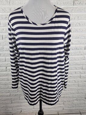 Anne Klein Striped Tee 2X Blue White Crew Neck Long Zip Sleeve Top STR78XE